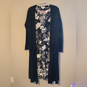 Lularoe Amelia Black and White Floral Dress with Black Sarah Cardigan